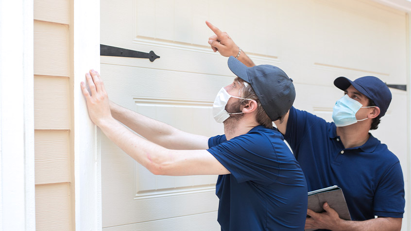 Two exterminators looking at garage door