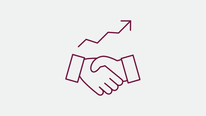 hands shaking with upwards arrow icon in the color burgundy