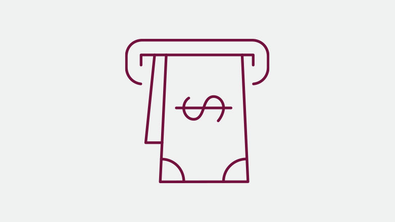 money coming out of an atm icon in the color burgundy