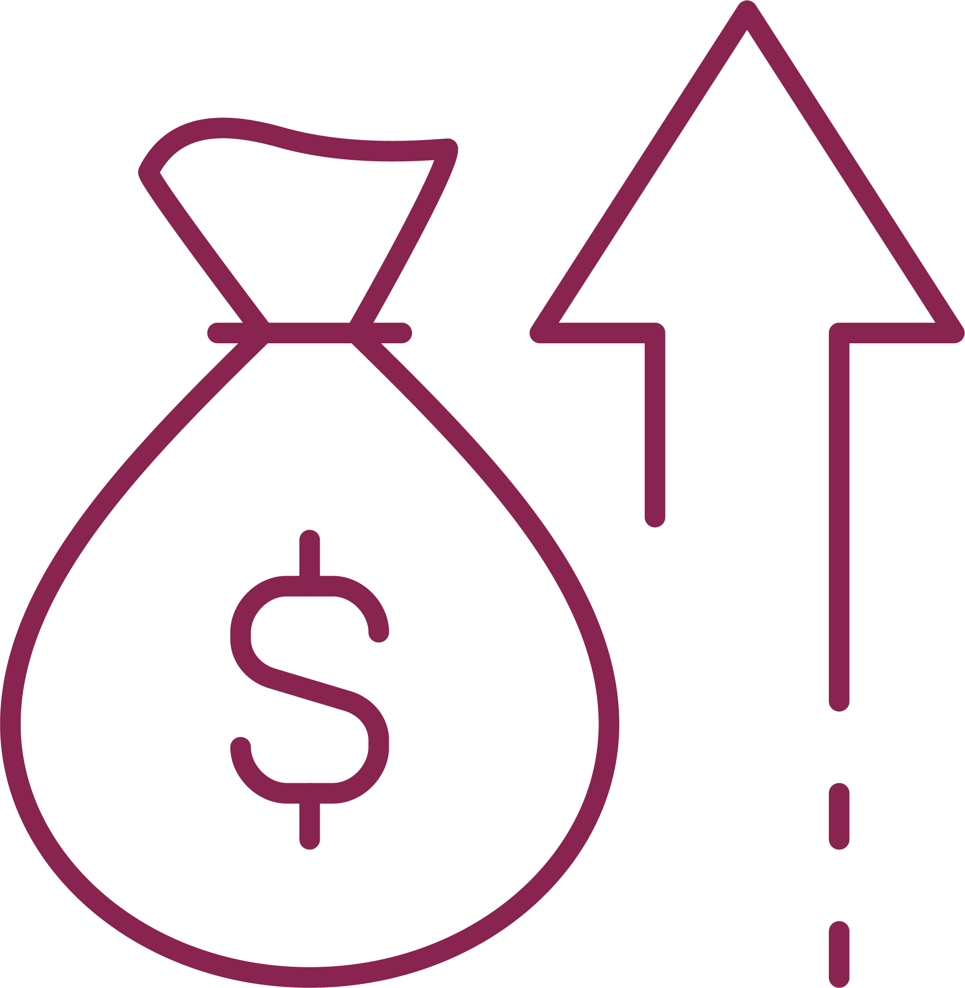 bag with dollar bill sign and an arrow pointing upward.