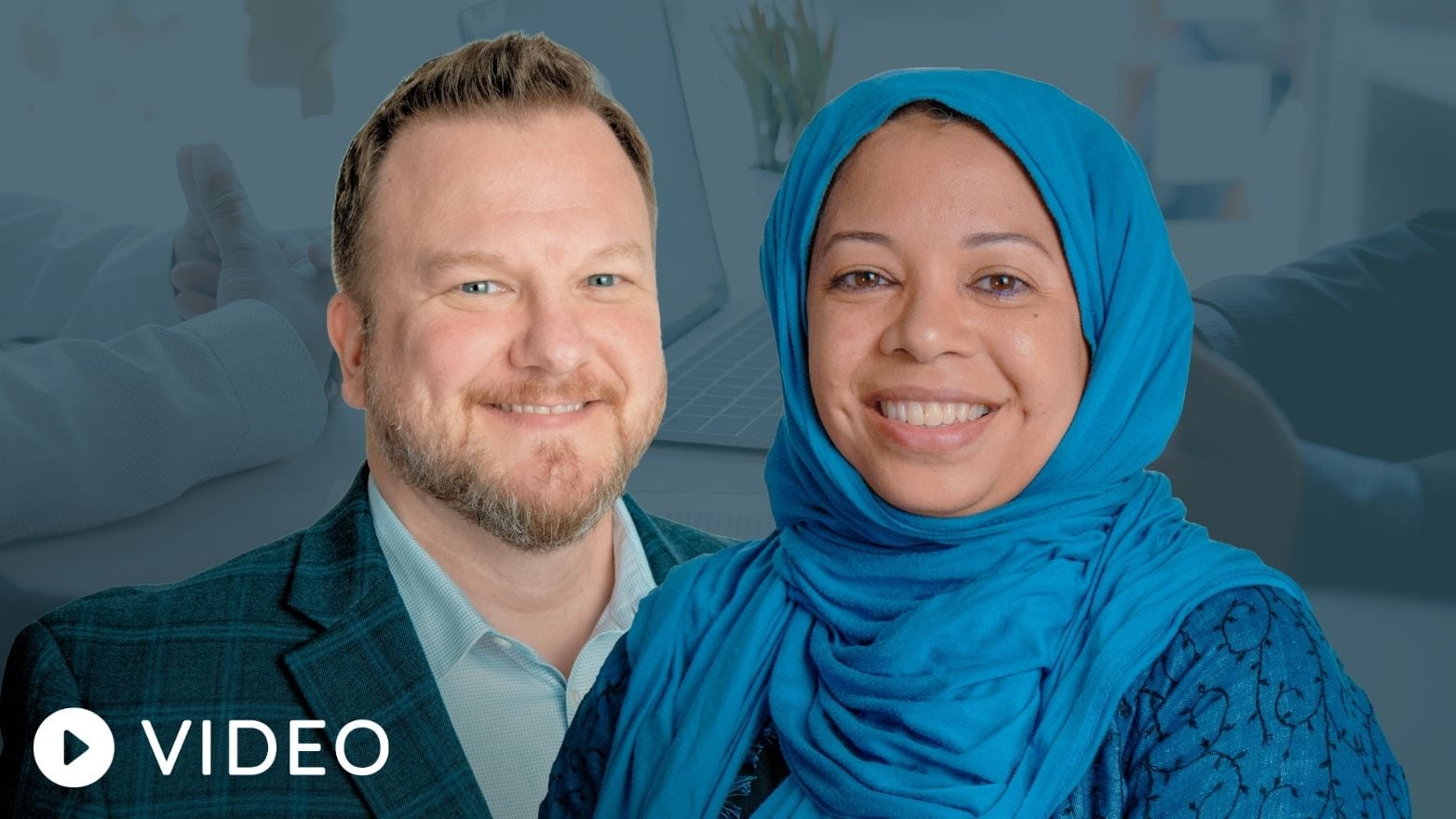 Two people pictured in front of a blurred laptop background with a video play icon.