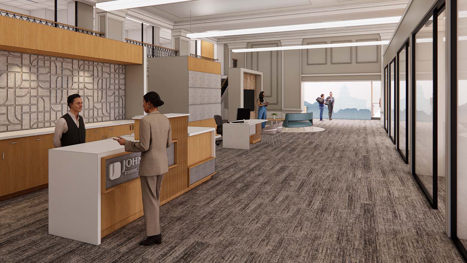 A wide-angle shot showing a modern office space with an employee speaking to a receptionist in front of a counter with the company logo on it.  In the background, one can see people walking toward a window that overlooks the Capitol Building. There is a sitting area and several rooms with large, black-framed glass walls.  The office has a light brown, gray, and white color scheme, with overhead fluorescent lighting.