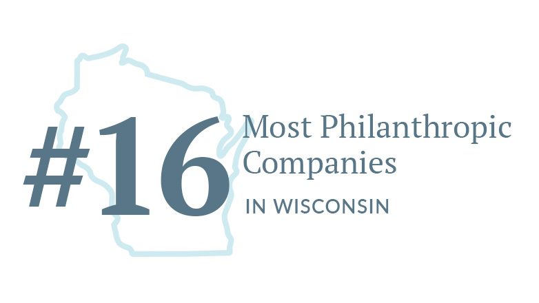 Ranking badge: #16 Most Philanthropic Companies in Wisconsin, superimposed over a light outline of the state's borders.