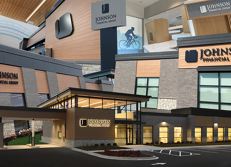 A collage of Johnson Financial Group's buildings.