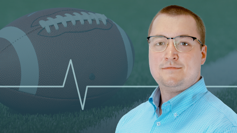 Drake Dorfner headshot over an American football