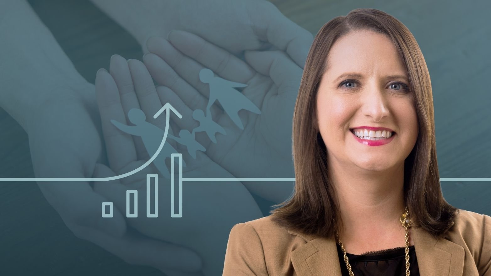 A woman with a friendly smile and brown hair, wearing a tan blazer, stands against a blue background. She holds a paper cutout of a family in one hand and a graph showing upward growth in the other.