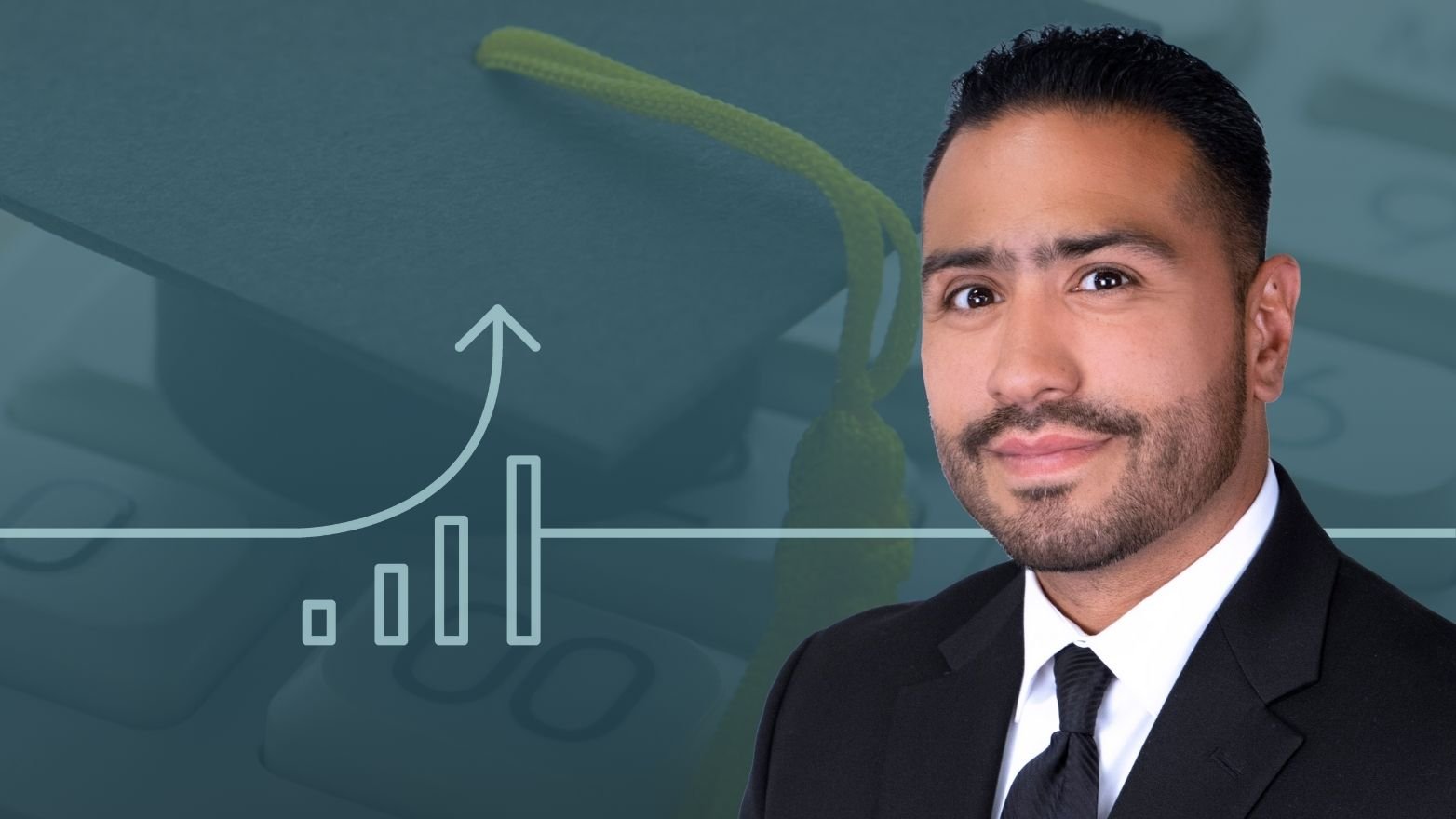 Eric Bernal's headshot layered over an image of a graduation cap.