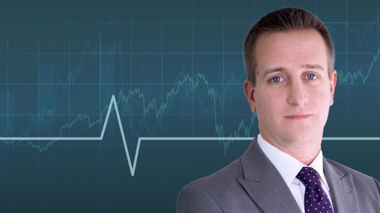 Joe Guerin's headshot overlaid an image of a stock chart.