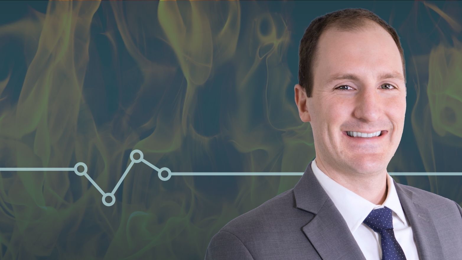 Jon Henshue's headshot over an image of fire flames.