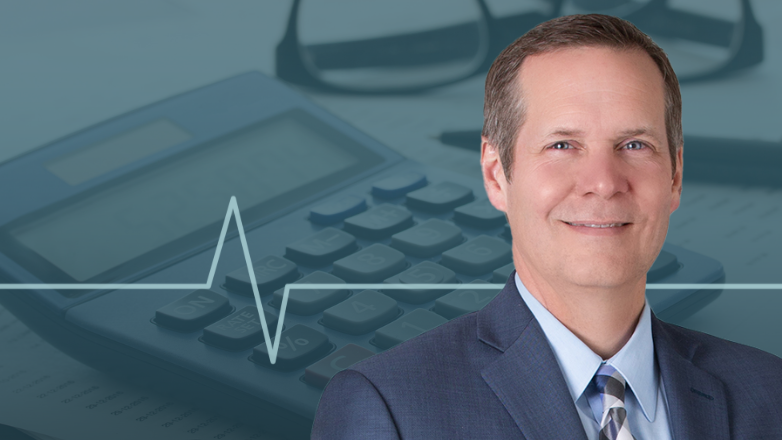 Kyle Tripp's headshot over an image of a calculator.