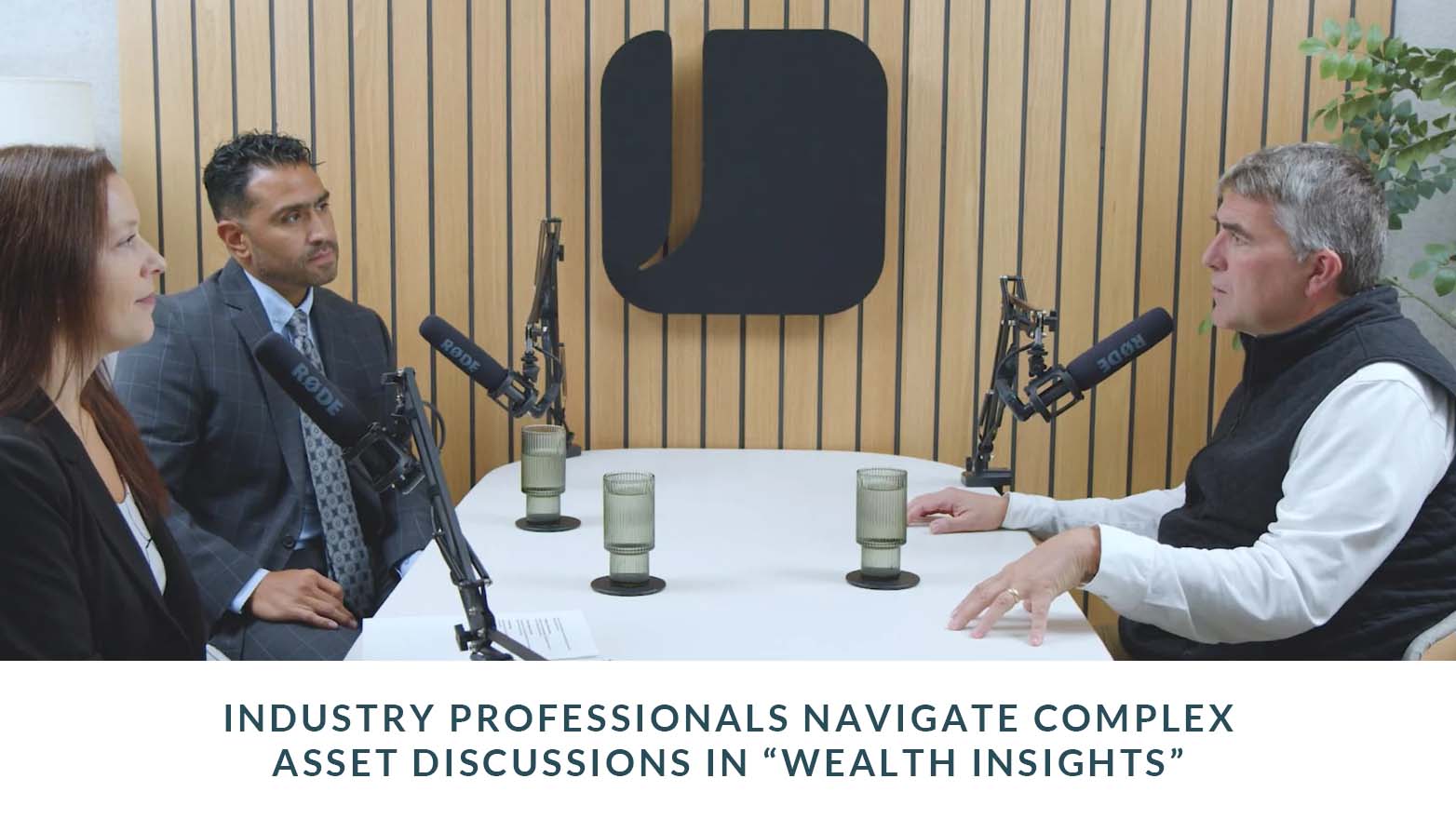 Three people seated at a table in a studio setting with microphones, engaged in a recorded discussion. A logo is mounted on the wood‑paneled wall behind them. Text below the image reads, “Industry professionals navigate complex asset discussions in ‘Wealth Insights.’”