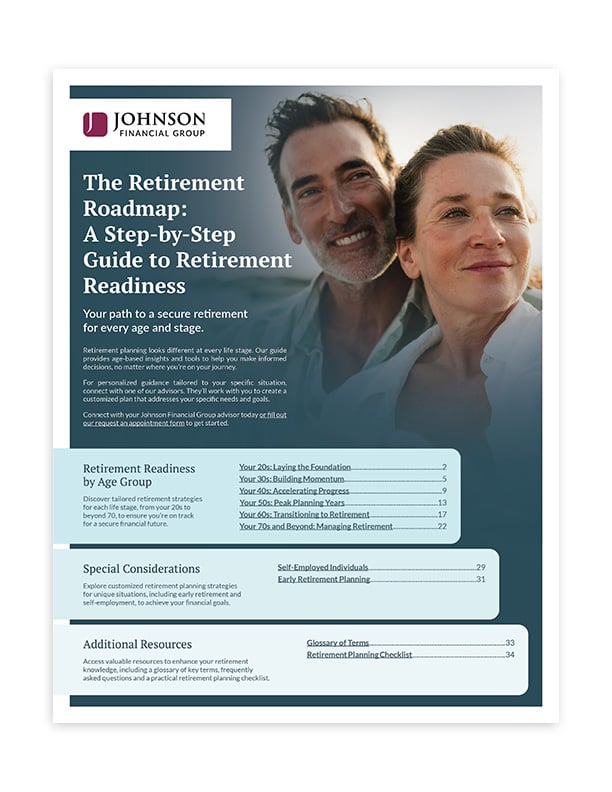 Cover of “The Retirement Roadmap: A Step‑by‑Step Guide to Retirement Readiness” by Johnson Financial Group, featuring two adults in an outdoor setting and a table of retirement planning topics.