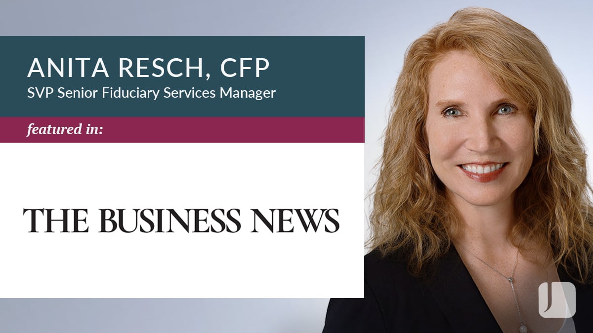Graphic featuring a professional headshot of Anita Resch, CFP, alongside text reading “Anita Resch, CFP, SVP Senior Fiduciary Services Manager” and “featured in: The Business News.” The Johnson Financial Group logo appears in the lower-right corner.