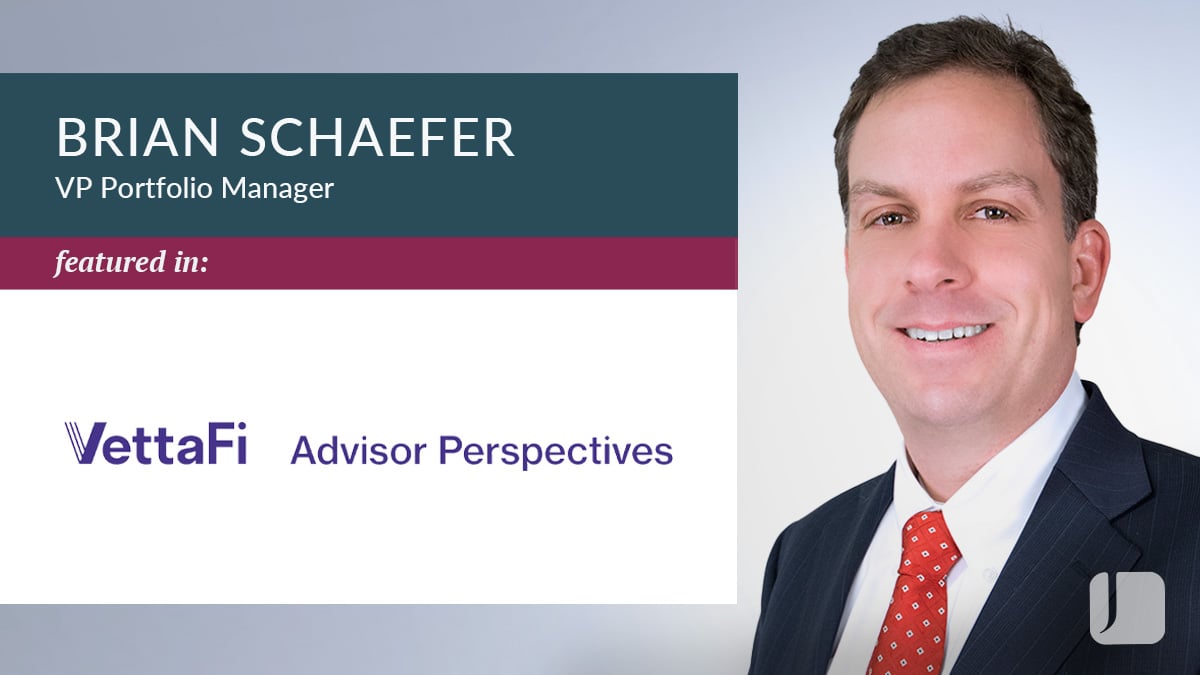 Graphic featuring a professional headshot of Brian Schaefer alongside text identifying Brian Schaefer as VP Portfolio Manager. The graphic notes Brian Schaefer was featured in VettaFi Advisor Perspectives and includes Johnson Financial Group branding.