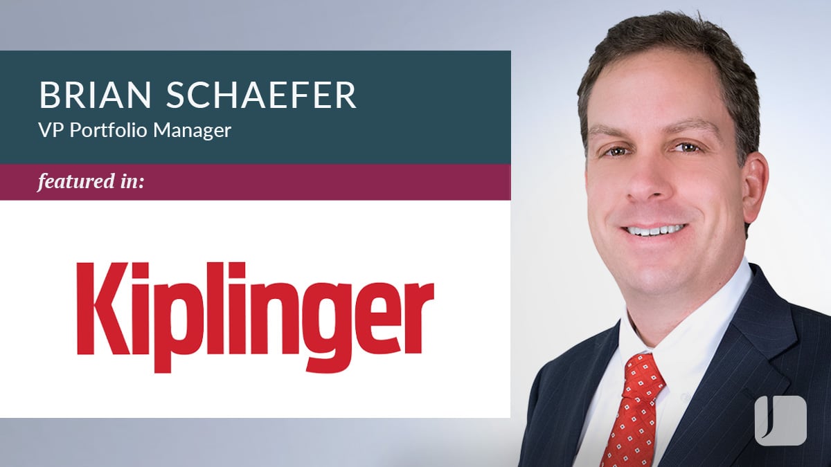 Graphic featuring a professional headshot alongside text reading “Brian Schaefer, VP Portfolio Manager” and “featured in: Kiplinger.” The Kiplinger logo appears prominently on the left, and the Johnson Financial Group logo is displayed in the lower-right corner.
