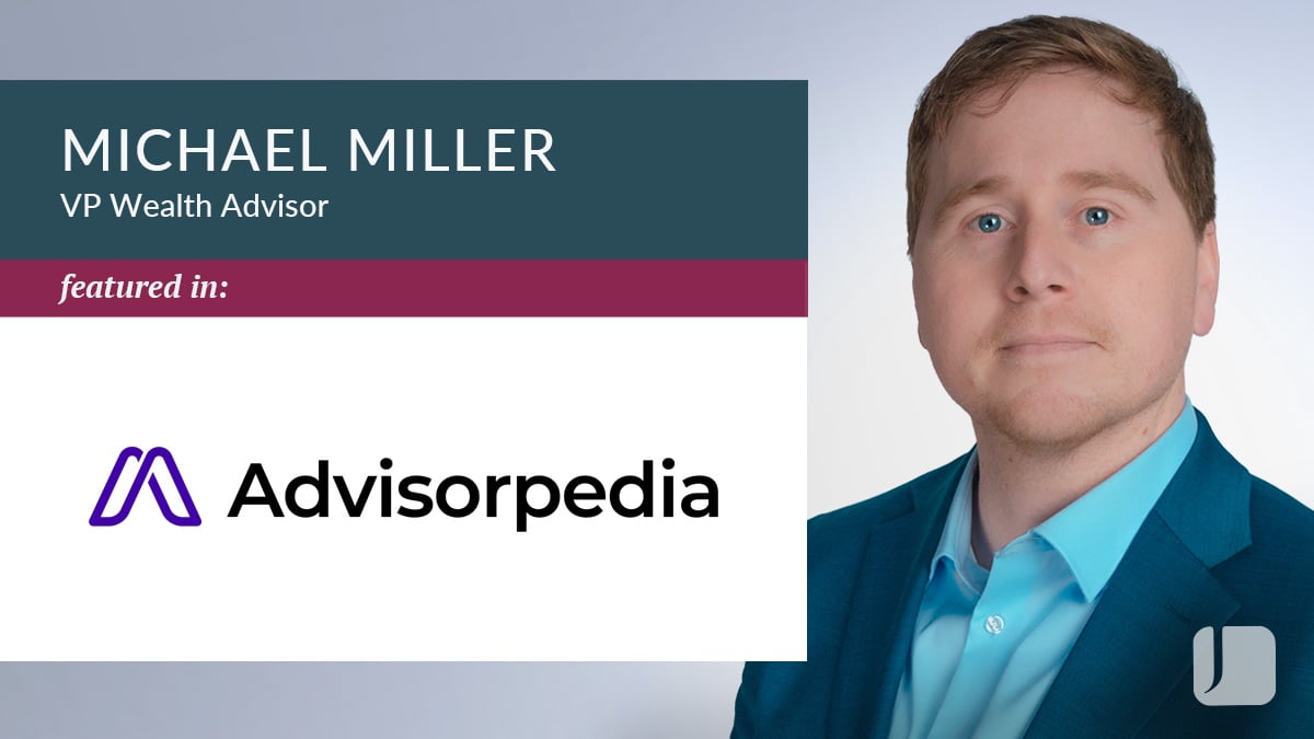 A man in a blue suit on the right side, on the left side is a title of Michael Miller with the logo of Advisorpedia below.