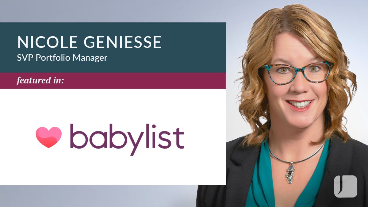 Graphic featuring a professional headshot alongside text that reads “Nicole Geniesse, SVP Portfolio Manager, featured in Babylist.” The Babylist logo appears below the text, highlighting Nicole Geniesse’s contribution to an article about 529 plans and education savings strategies for grandparents.