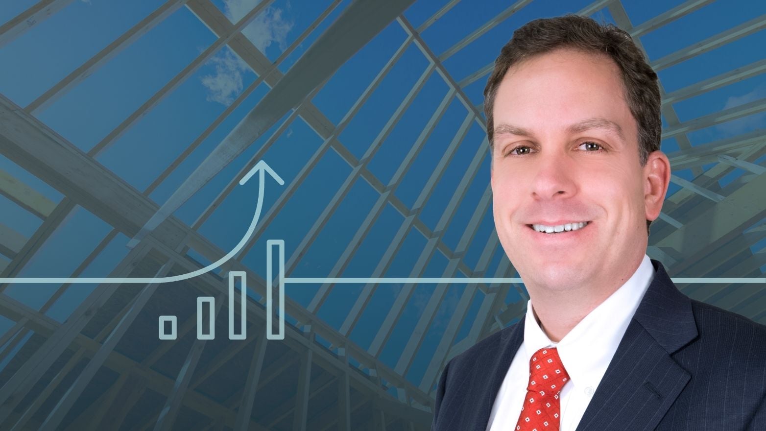 Financial advisor with a home construction background and rising chart representing financial planning and growth.