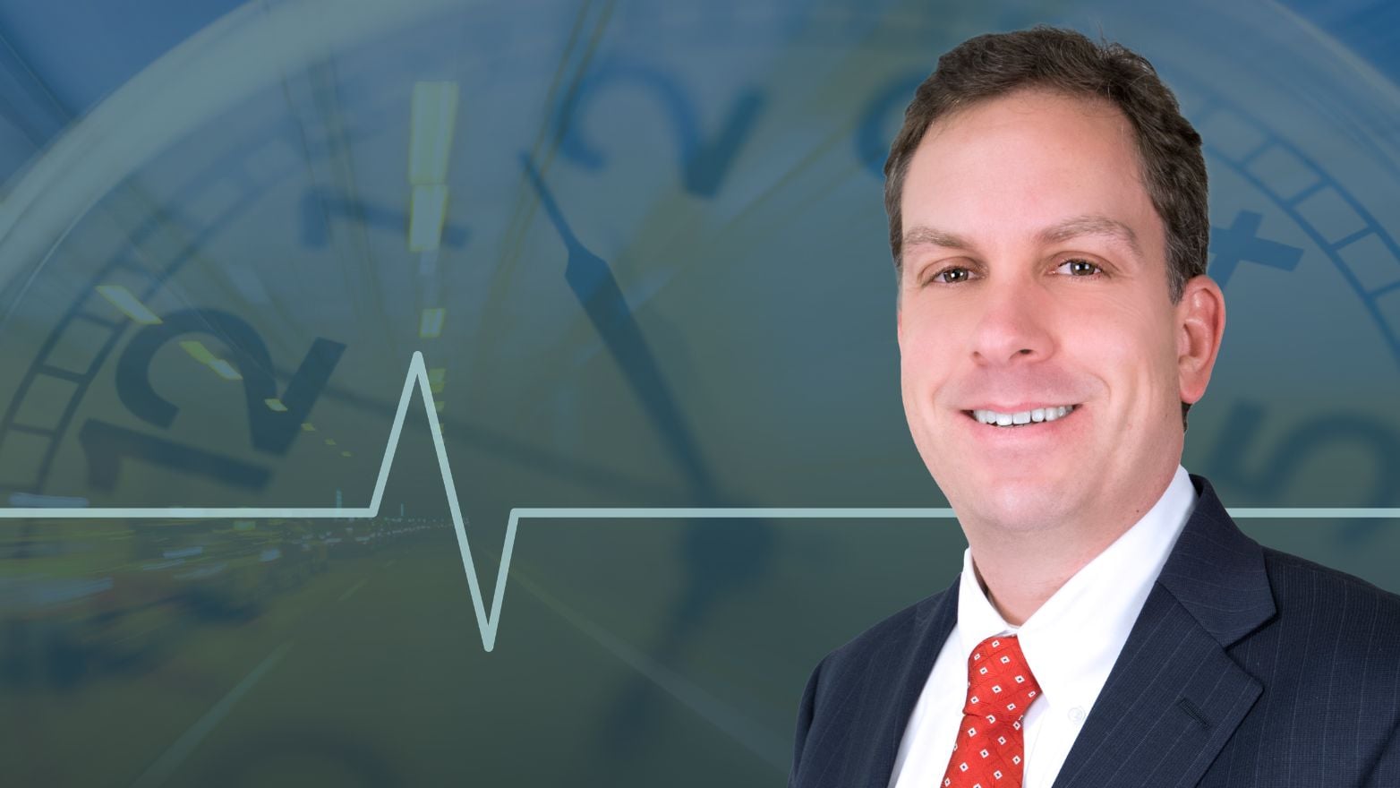 Professional headshot overlaid on a background featuring a clock and market-style graphic, illustrating themes of time, investing, and financial planning.