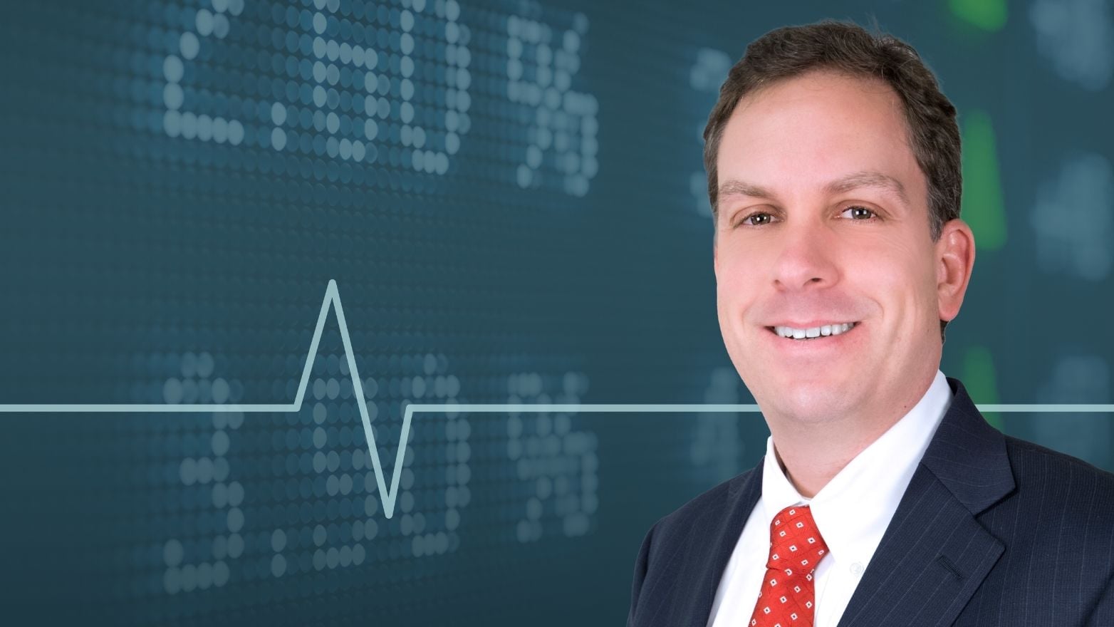 Professional headshot of a financial professional in a suit with a stock market display and line graph in the background, representing bond market and investment insights.
