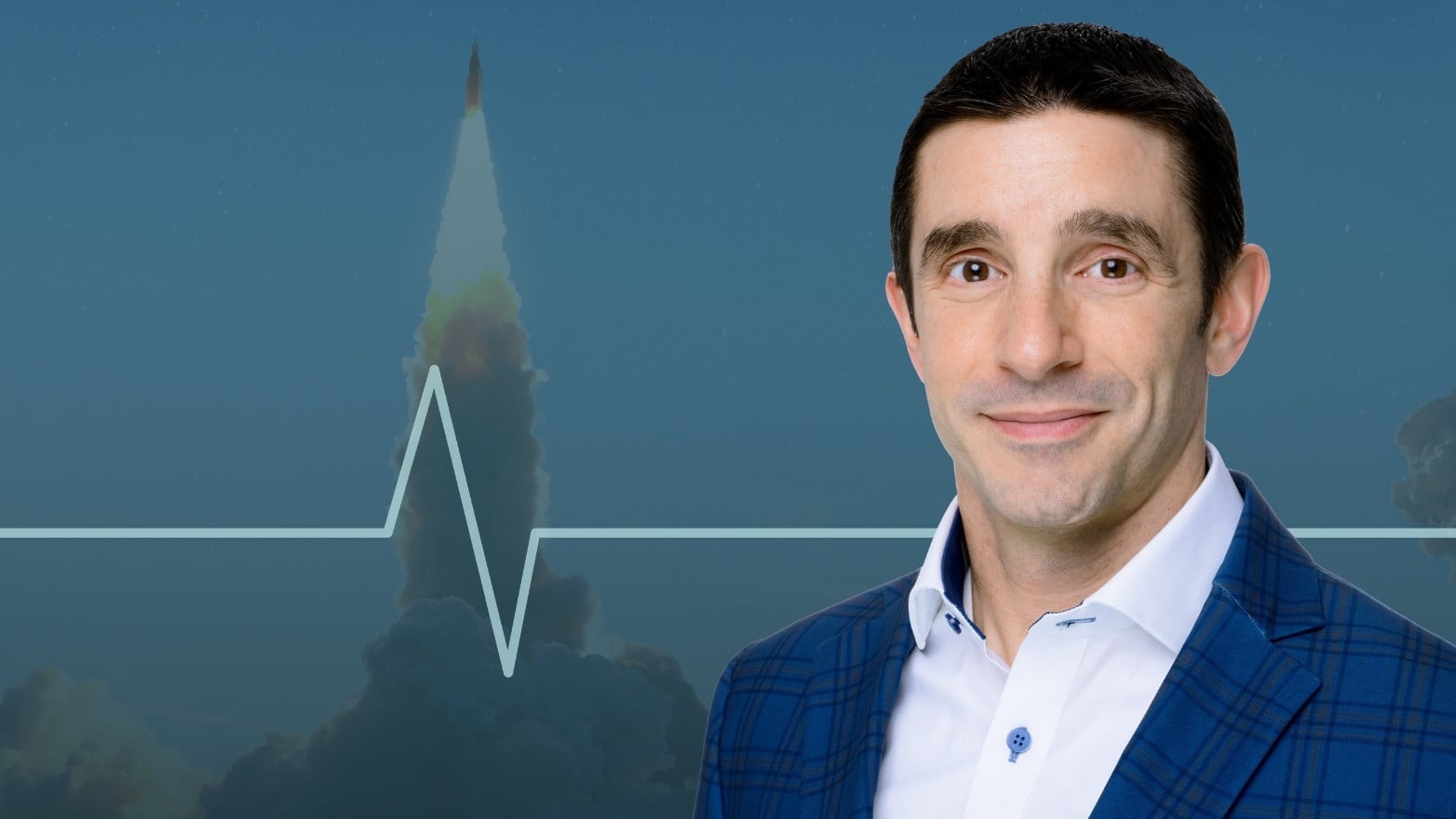 Professional headshot of a man in a suit smiling, with a rocket launch and faint pulse line graphic in the background, symbolizing growth and market volatility tied to a potential SpaceX IPO.