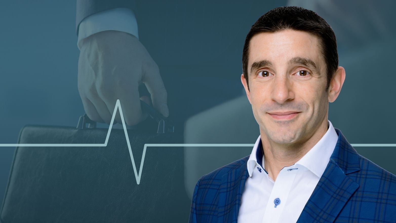 Headshot of a smiling man in a blue plaid blazer and white shirt, with a blue background featuring a faint image of a hand holding a briefcase.
