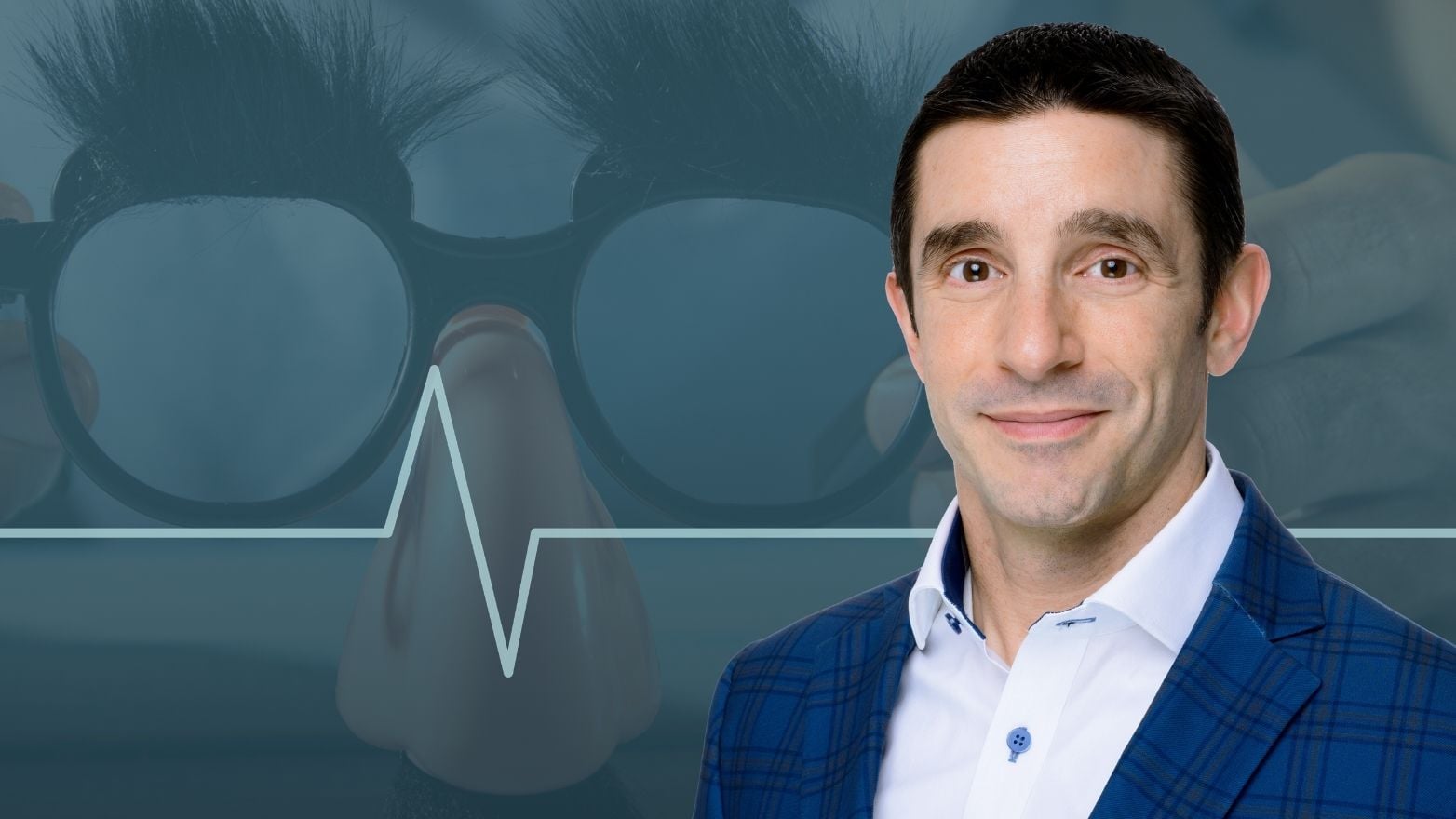 Portrait of a person in a blue plaid blazer beside an image of novelty disguise glasses, nose and mustache with a heartbeat line graphic.