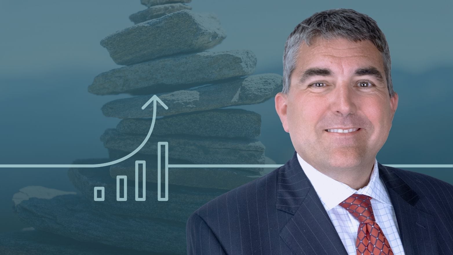Professional headshot beside a balanced stone cairn and upward-trending chart graphic, symbolizing growth, performance, and stability.