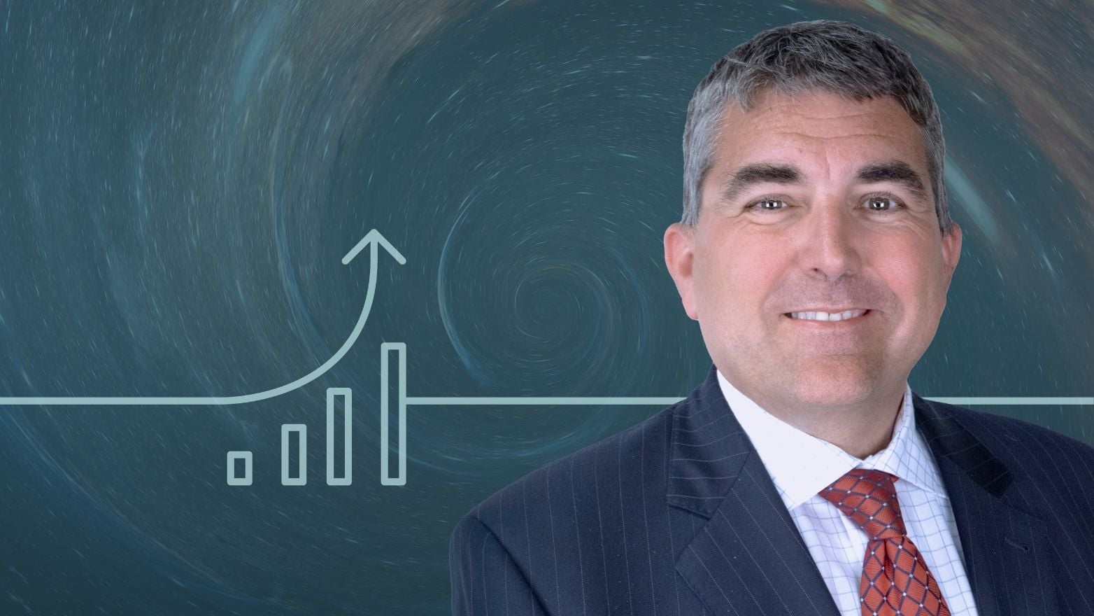 Portrait of Joe Maier alongside an upward-trending bar chart and arrow, symbolizing business growth and performance.