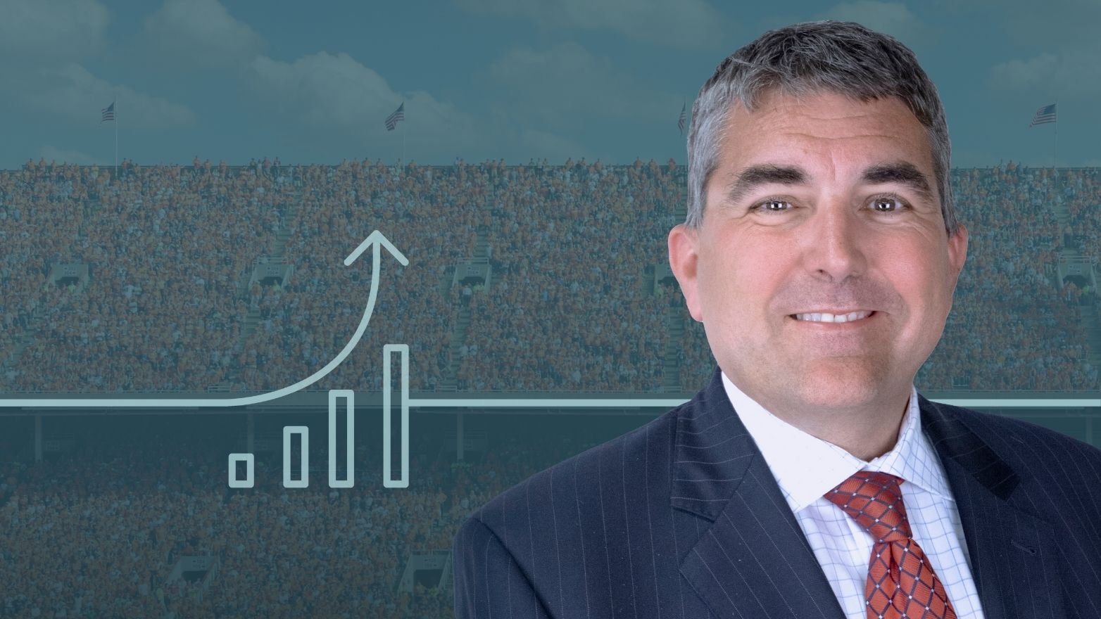Headshot of a smiling man in a suit and tie, with a blue-green tinted, crowded stadium in the background. A bar chart with an upward arrow is overlaid on the left.