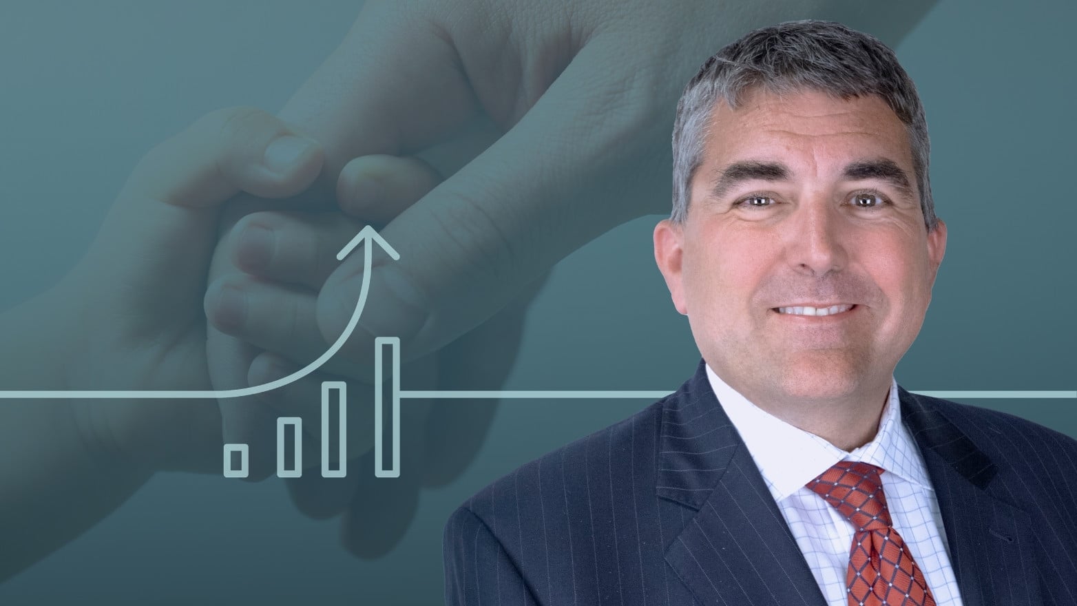 Close-up of a professionally dressed person in a suit and tie, with a faded background showing a child holding an adult’s finger and a simple upward trend graphic, suggesting growth or financial planning.