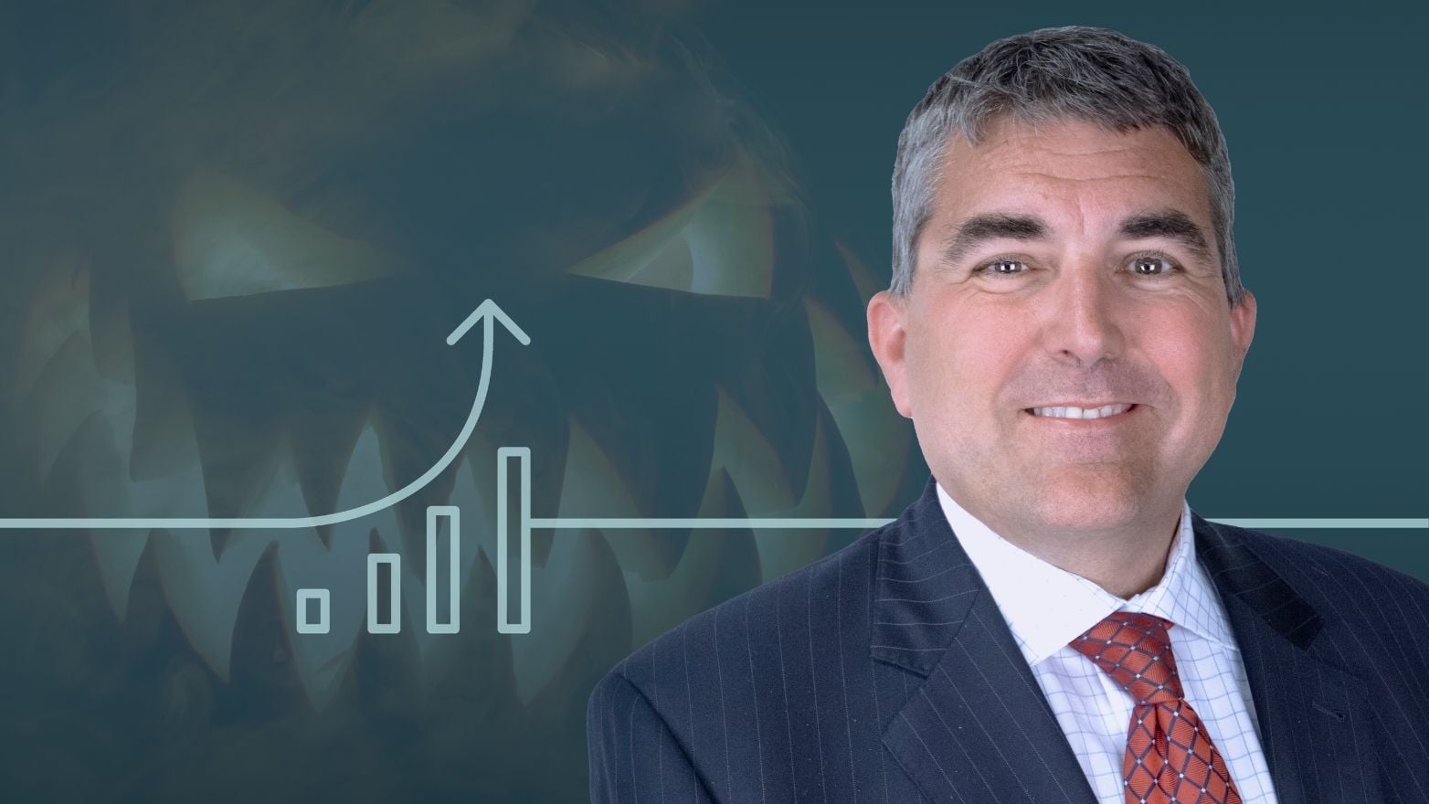 Professional headshot of a person in a dark suit and orange patterned tie beside an upward-trending bar chart and arrow graphic. A faded bear graphic appears in the background, symbolizing market challenges and investment growth potential.