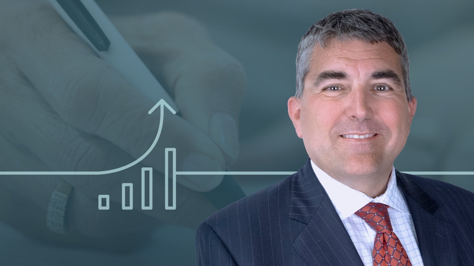 Professional headshot alongside a graphic of upward-trending bars and an arrow, illustrating inheritance planning and wealth transfer strategies.
