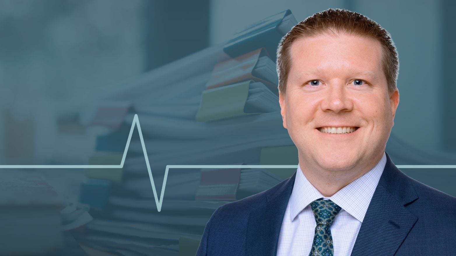 Professional headshot of a person in business attire against a blue background featuring a stack of tabbed documents and a heartbeat-style line graphic.