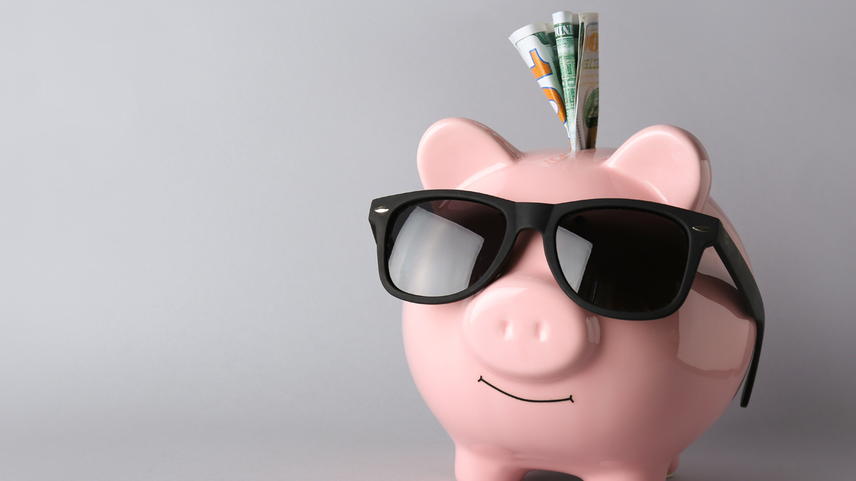 piggy bank wearing sunglasses