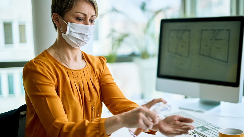 woman desk mask