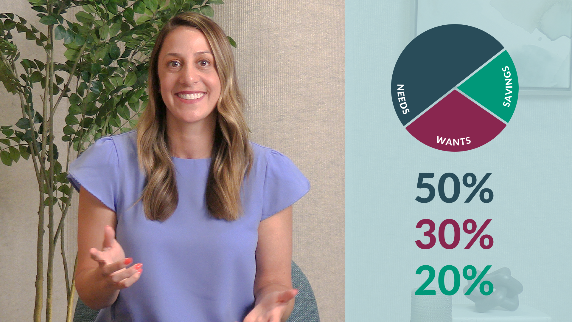 Brittany Sparks explains a 50/30/20 budget breakdown, showing a pie chart dividing income into needs, wants, and savings.