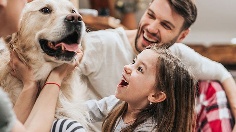 Family with young daughter happily play with their pet dog.