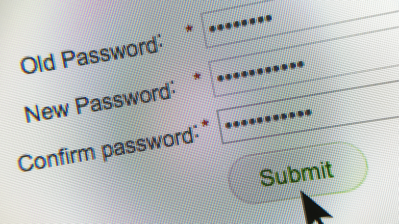 A computer screen showing a password reset form. There are fields for old password, new password, and confirm password, each obscured with asterisks. A mouse cursor hovers over the 'Submit' button.