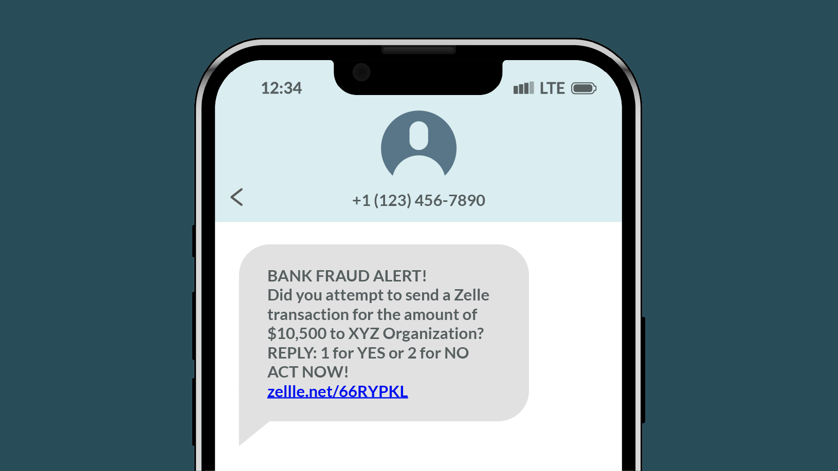 A smartphone displaying a text message alert that reads, 'BANK FRAUD ALERT! Did you attempt to send a Zelle transaction for the amount of $10,500 to XYZ Organization? REPLY: 1 for YES or 2 for NO ACT NOW! zelle.net/66RYPKL