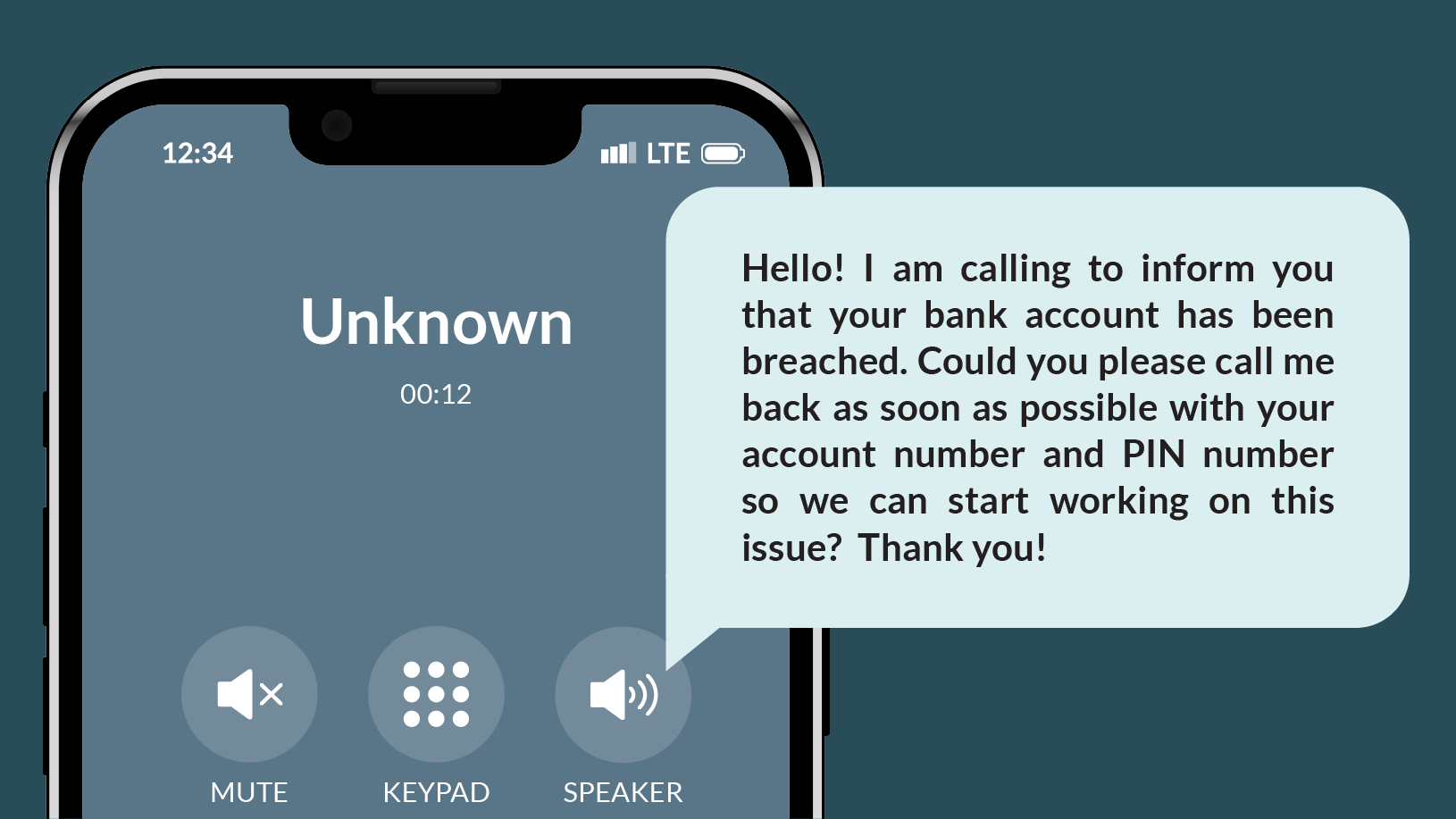 A smartphone screen displays a scam call in progress. The caller ID reads "Unknown." A speech bubble from the phone reads: "Hello! I am calling to inform you that your bank account has been breached. Could you please call me back as soon as possible with your account number and PIN number so we can start working on this issue? Thank you!"