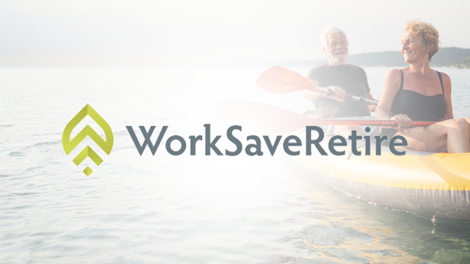 A serene scene of an elderly couple paddling a yellow kayak on calm water, with the WorkSaveRetire logo discreetly placed in the lower left corner.