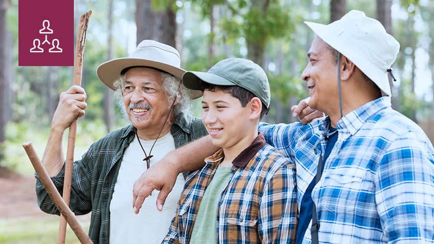 Close up of grandfather, father and son hiking.