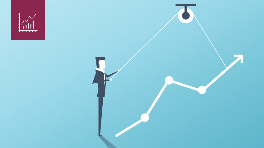 cartoon man in front of a blue background looking at an upward trajectory chart.