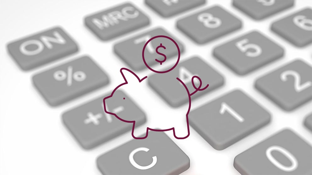 Calculator background with a magnifying glass and dollar sign icon.