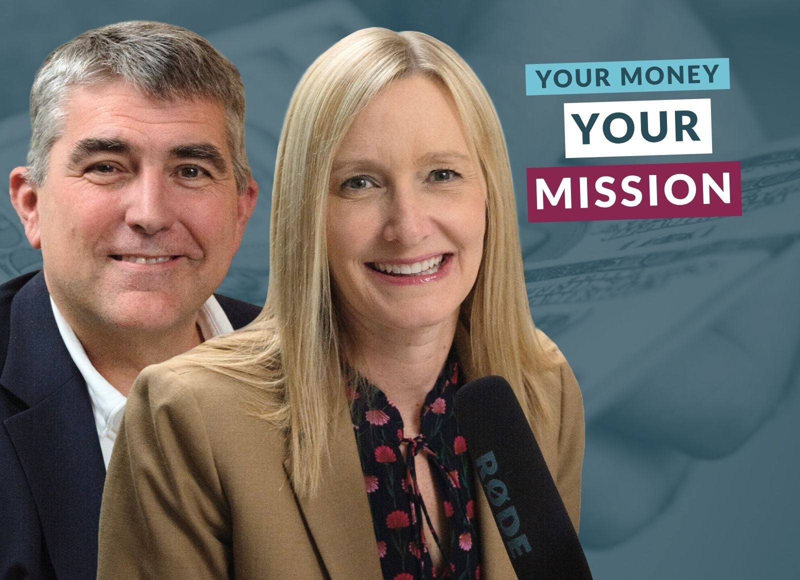 Two podcast speakers with microphone on “Your Money. Your Mission.” episode about the Great Wealth Transfer.
