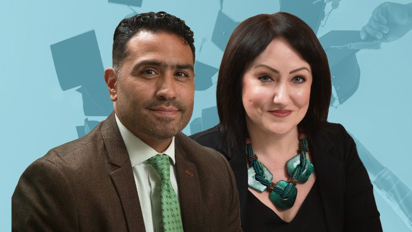 Two professionals featured in a promotional graphic about college savings and education planning, shown against a blue background with graduation-themed imagery.