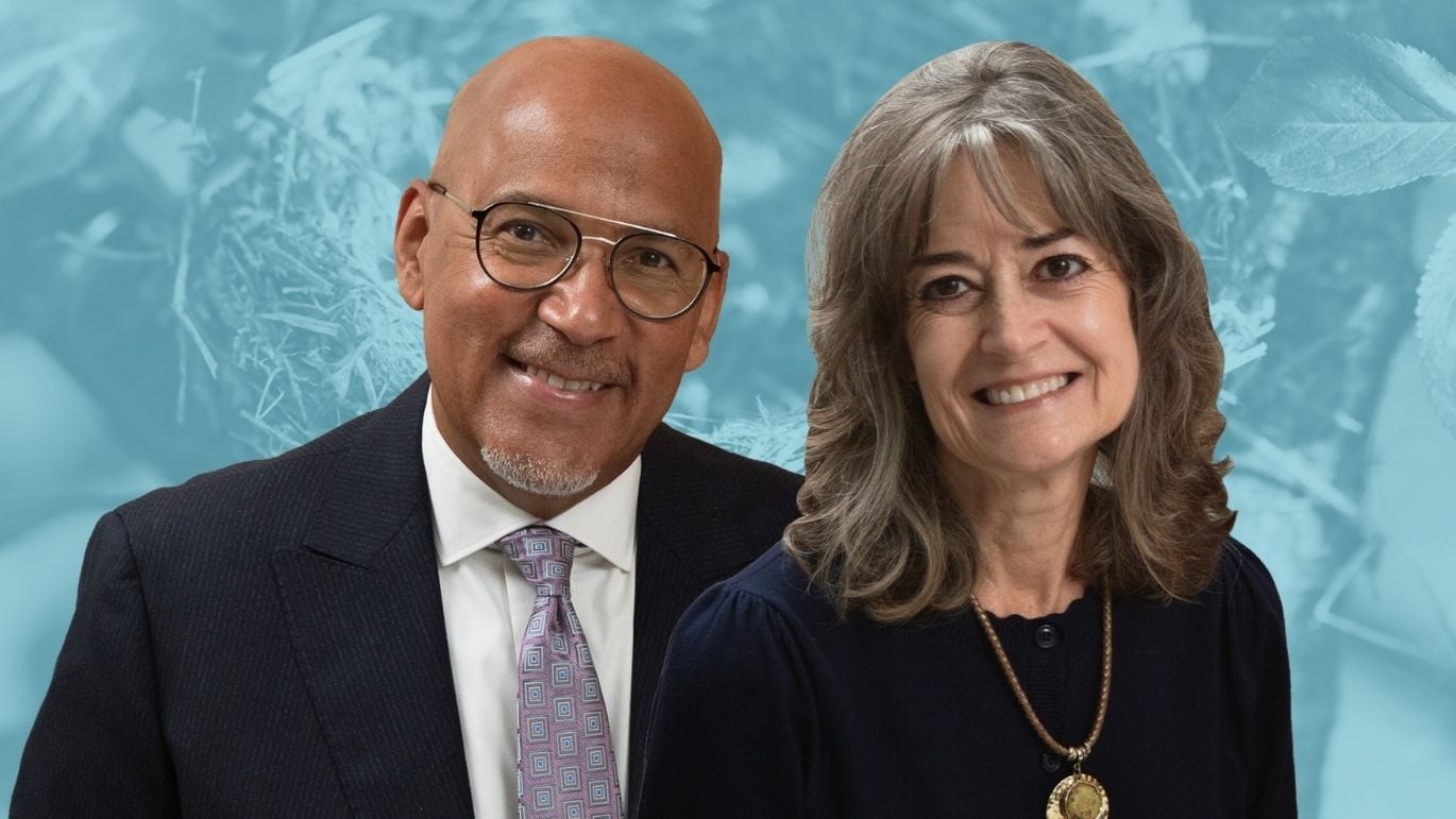 Portrait-style promotional image featuring two people against a soft blue background with a bird's nest motif.