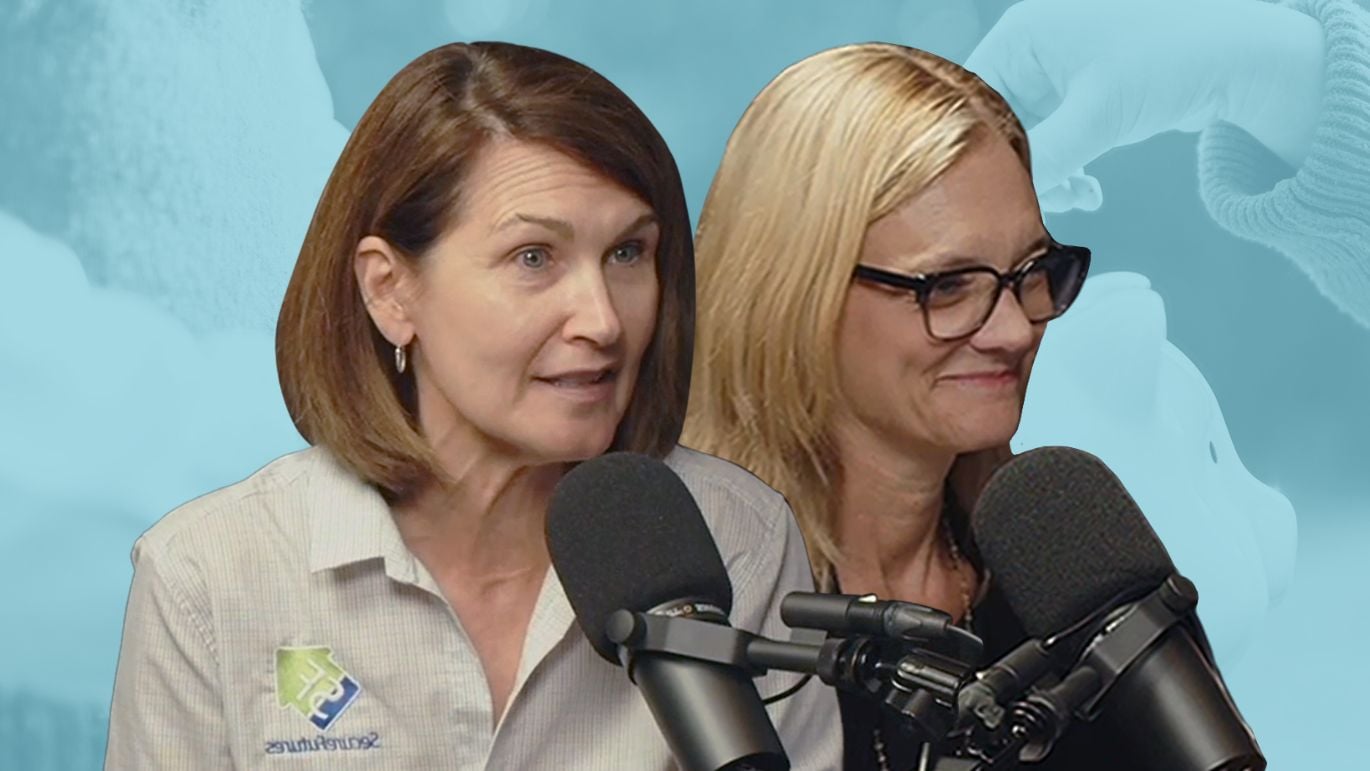 Two people speaking into microphones with a blue-toned piggy bank graphic in the background.