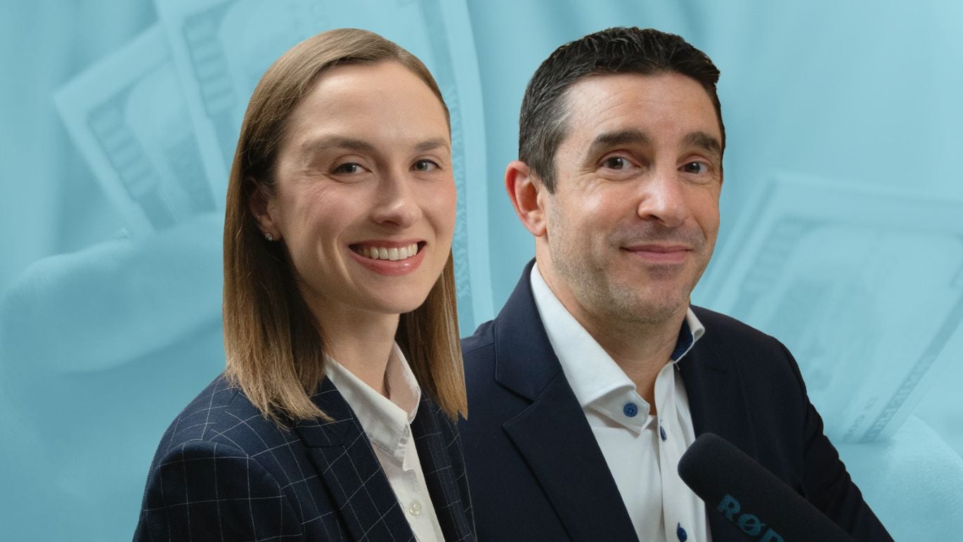Two people posed against a blue-toned background featuring U.S. currency.